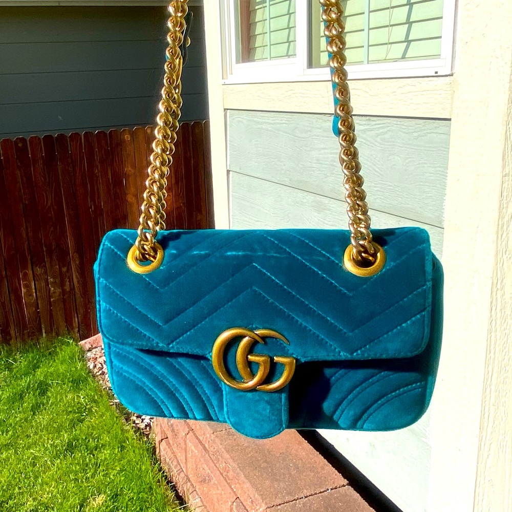 Gucci Mini Marmont Velvet Petrol Blue